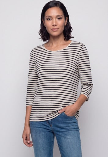Olsen Hazelnut and Black Striped 3/4 Sleeve Cotton T-Shirt