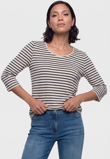 Olsen Hazelnut and Black Striped 3/4 Sleeve Cotton T-Shirt