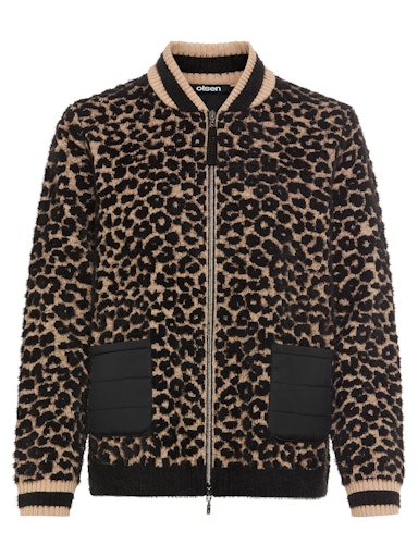 Olsen Mandarin Collar Zipped Cardigan in Black and Beige Animal Print 11004704