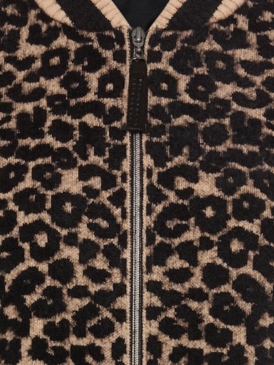 Olsen Mandarin Collar Zipped Cardigan in Black and Beige Animal Print 11004704