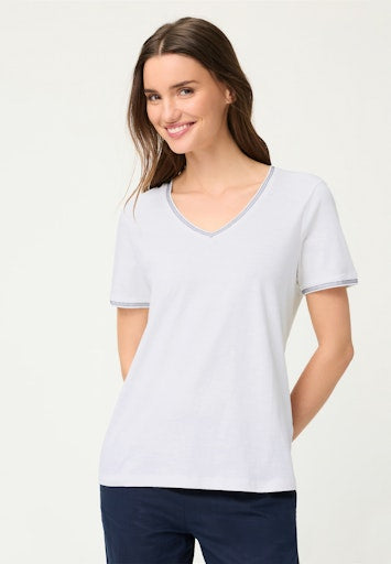Olsen White Cotton V-Neck T-Shirt with Blue Embroidered Trims