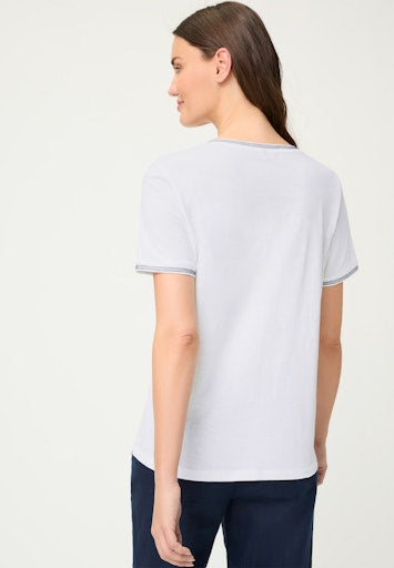 Olsen White Cotton V-Neck T-Shirt with Blue Embroidered Trims