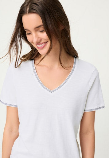 Olsen White Cotton V-Neck T-Shirt with Blue Embroidered Trims