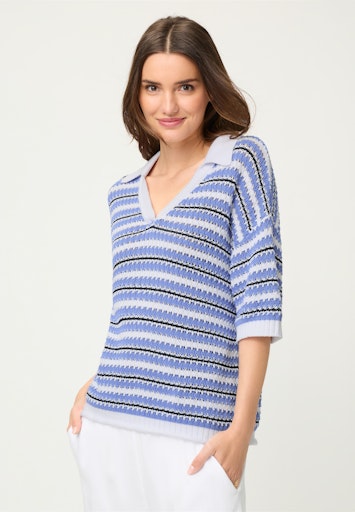 Olsen Blue Striped Cotton Knit Polo Shirt