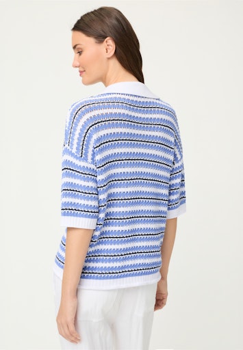 Olsen Blue Striped Cotton Knit Polo Shirt