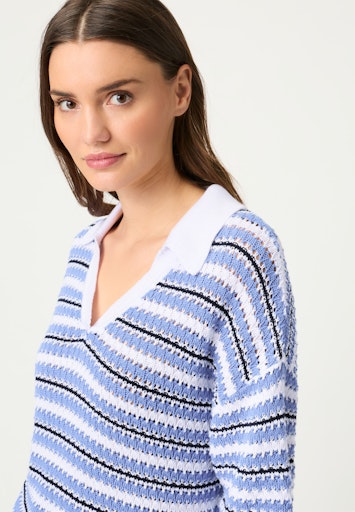 Olsen Blue Striped Cotton Knit Polo Shirt