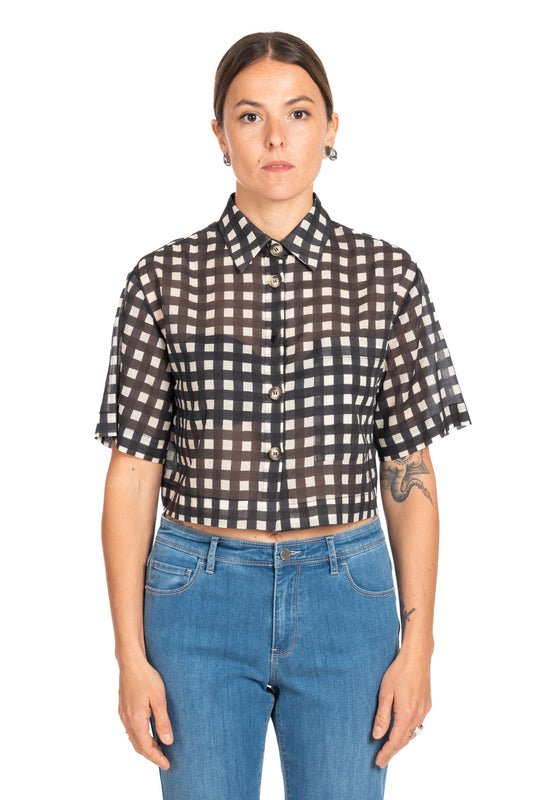 Diana Gallesi Black & Ecru Check Cotton Cropped Shirt Short Sleeve Button-Front 5004R003090N