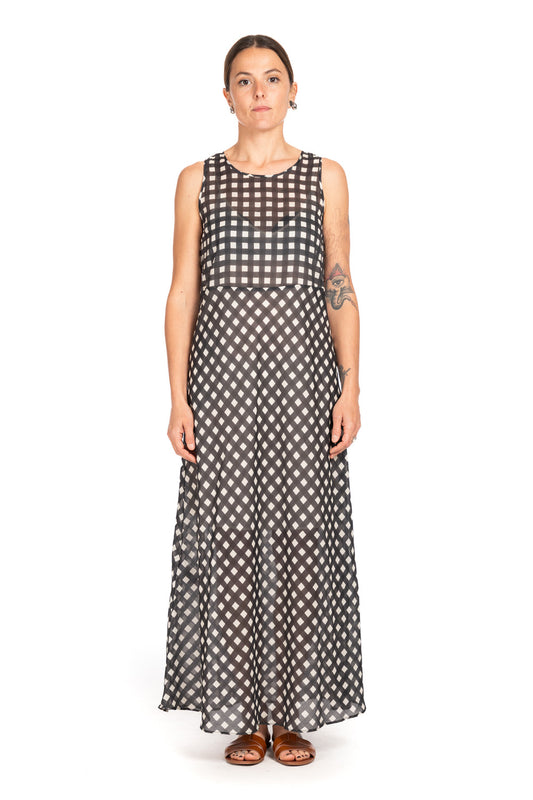 Diana Gallesi Black & Ecru Check Maxi Dress – Sleeveless Cotton Round Neck Dress 7005R005020N