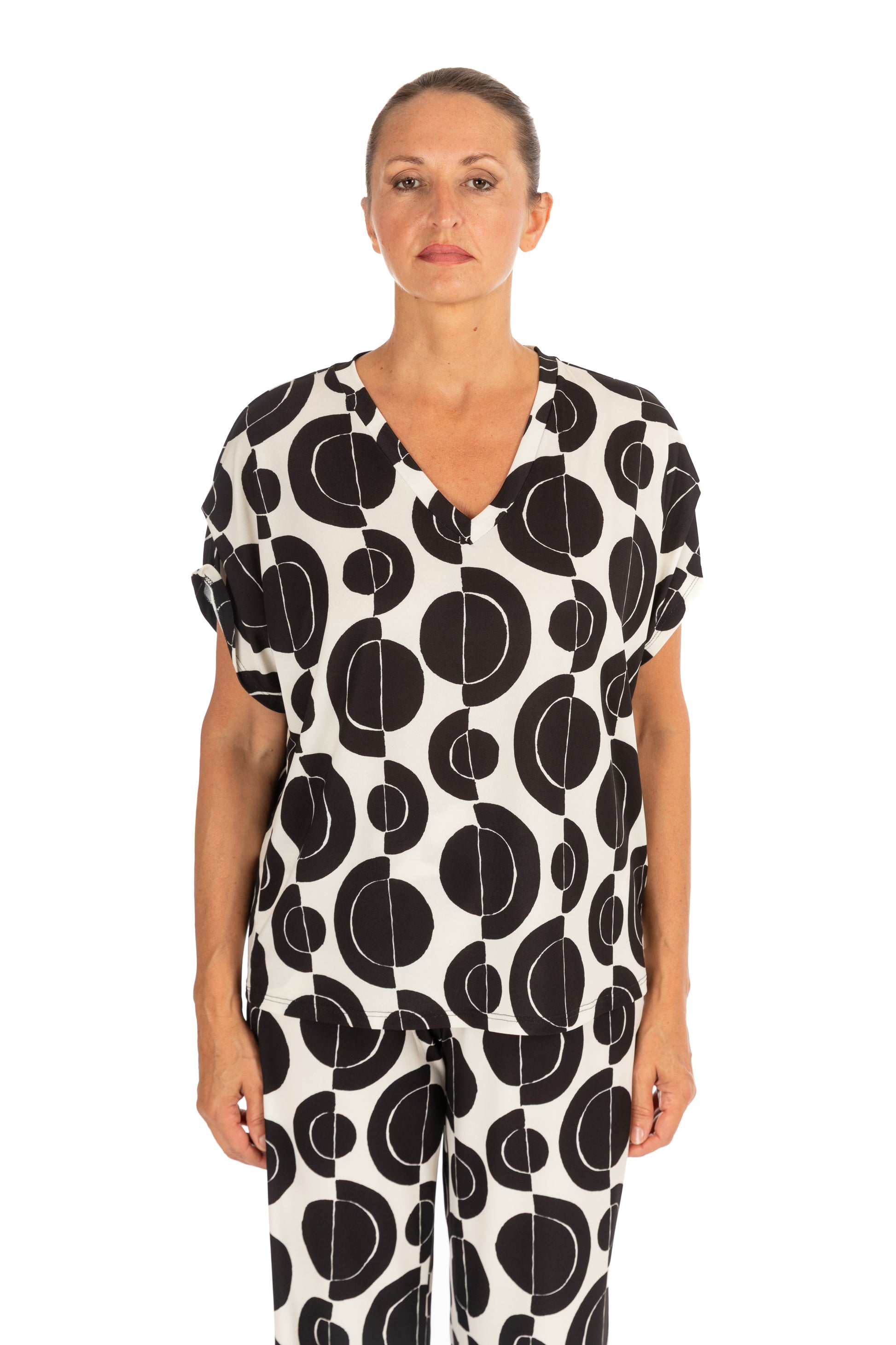 Diana Gallesi Black & White Graphic Print V-Neck Short Sleeve Top
