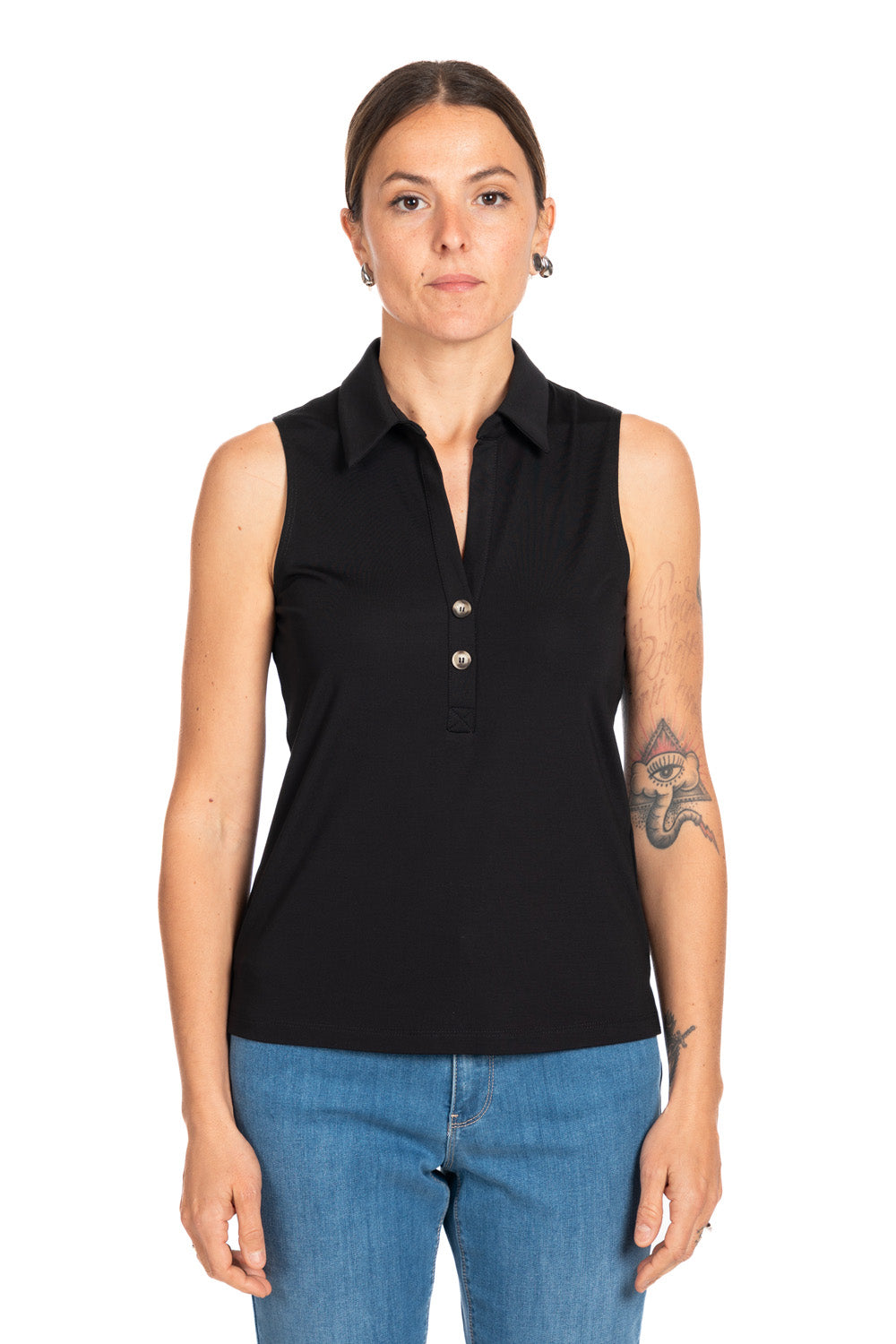 Diana Gallesi Black Sleeveless Open V Neck Polo Top