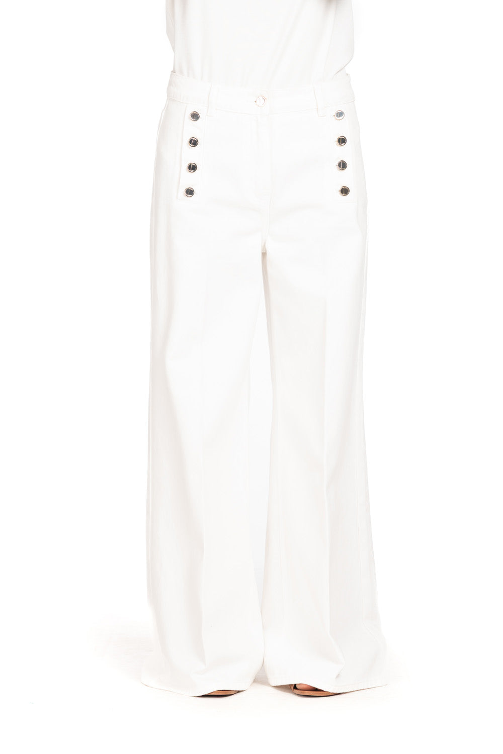 Diana Gallesi Off-White Wide-Leg Jeans with Gold Button Detailing