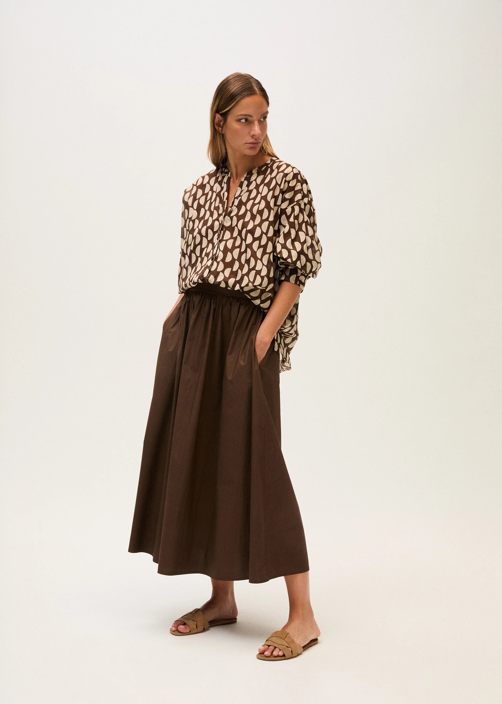 Rosso 35 Brown Garment-Dyed Poplin Long Skirt