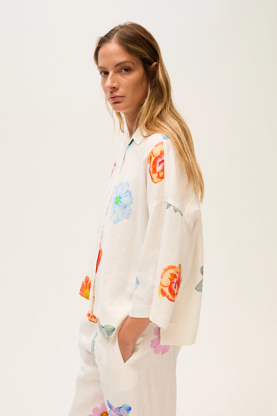 Rosso 35 White Printed Linen Oversized Shirt