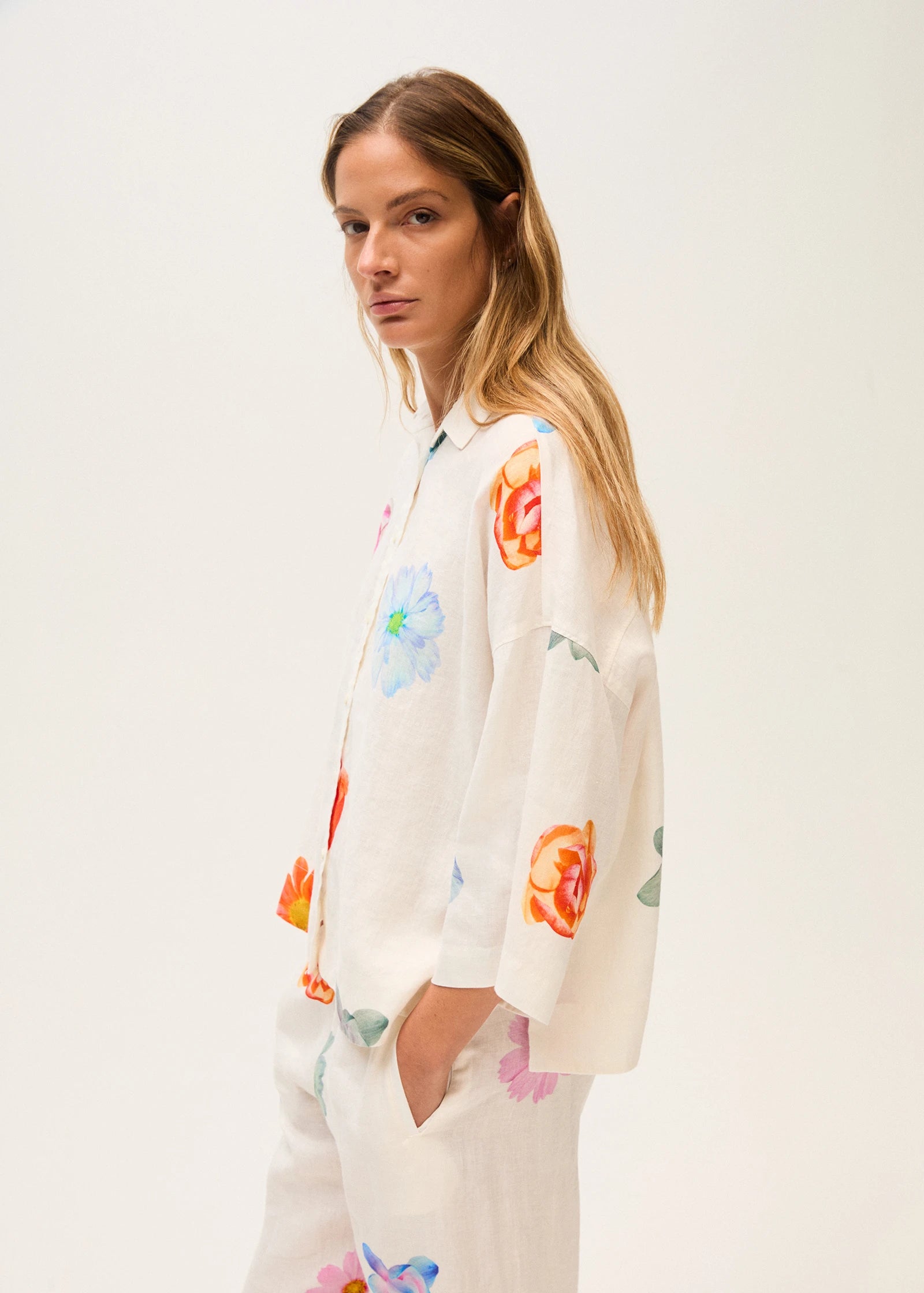 Rosso 35 White Printed Linen Oversized Shirt