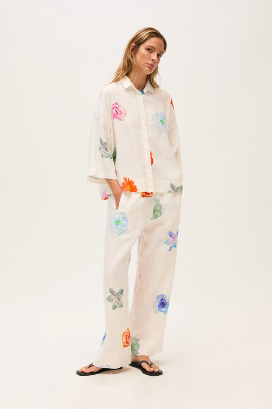 Rosso 35 White Printed Linen Wide Trousers