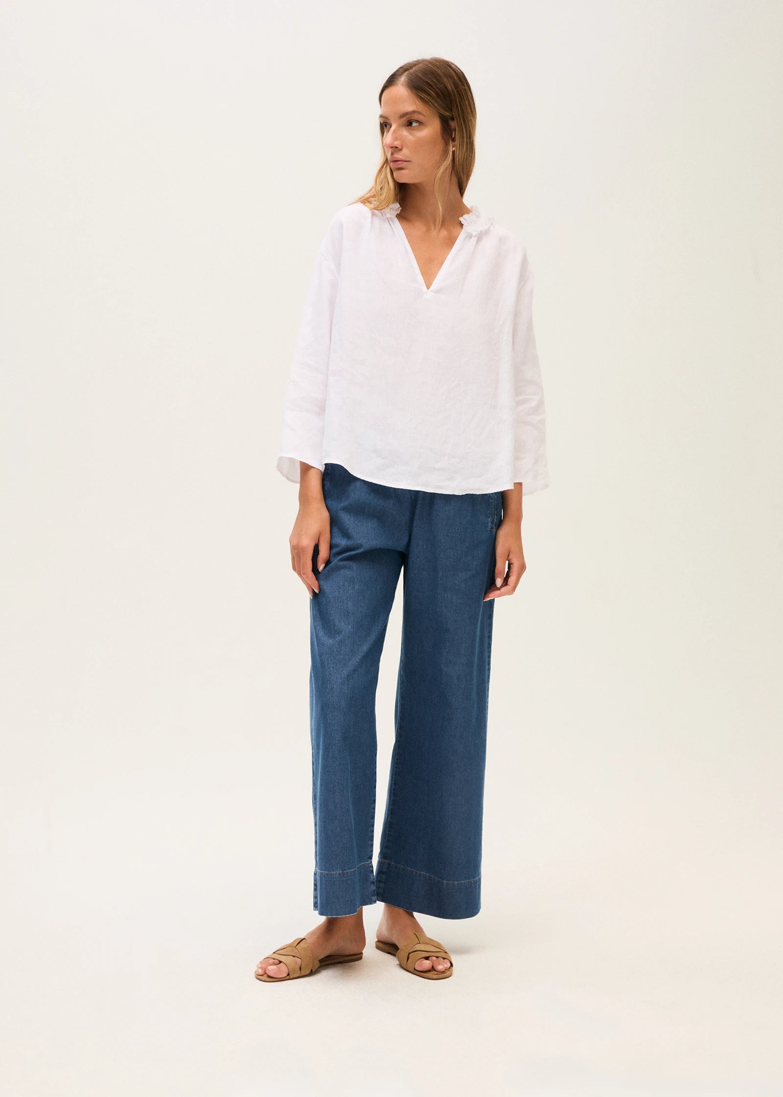 Rosso 35 Denim Blue Elasticated Waist Wide Leg Jeans