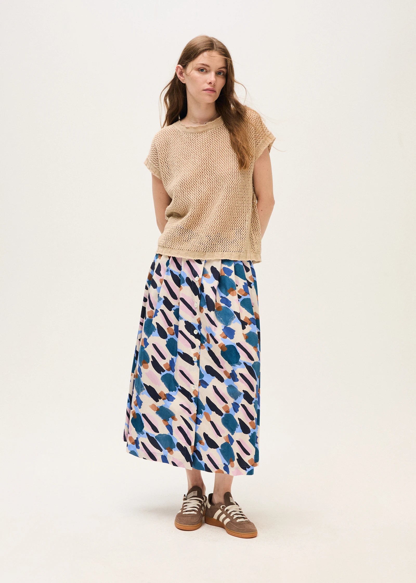 Rosso 35 Tobacco Printed Poplin Pleated Skirt