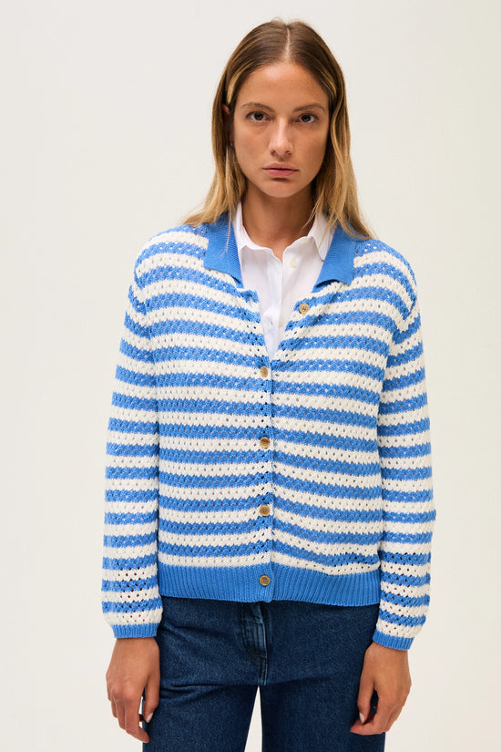 Rosso 35 Cornflower Blue Striped Cotton Cardigan with Collar
