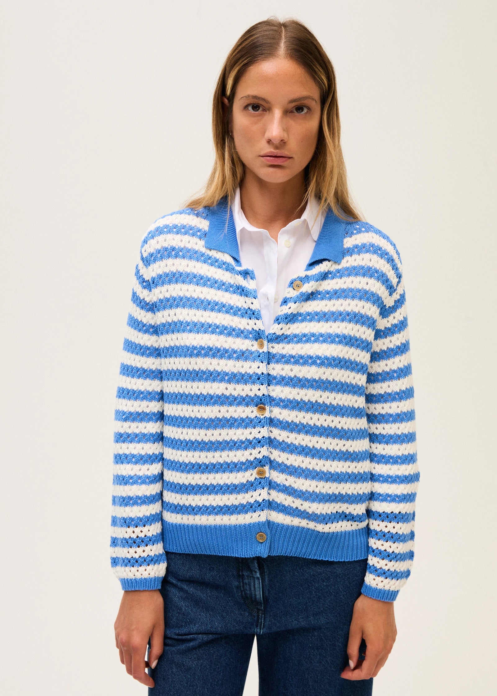 Rosso 35 Cornflower Blue Striped Cotton Cardigan with Collar