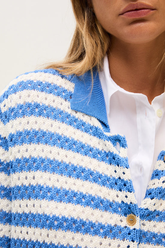 Rosso 35 Cornflower Blue Striped Cotton Cardigan with Collar