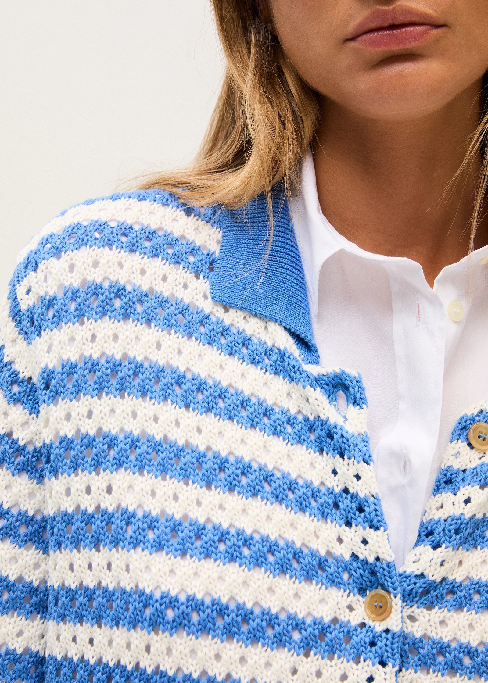 Rosso 35 Cornflower Blue Striped Cotton Cardigan with Collar