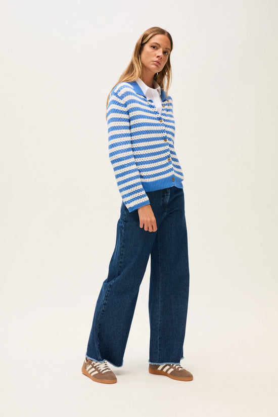 Rosso 35 Cornflower Blue Striped Cotton Cardigan with Collar