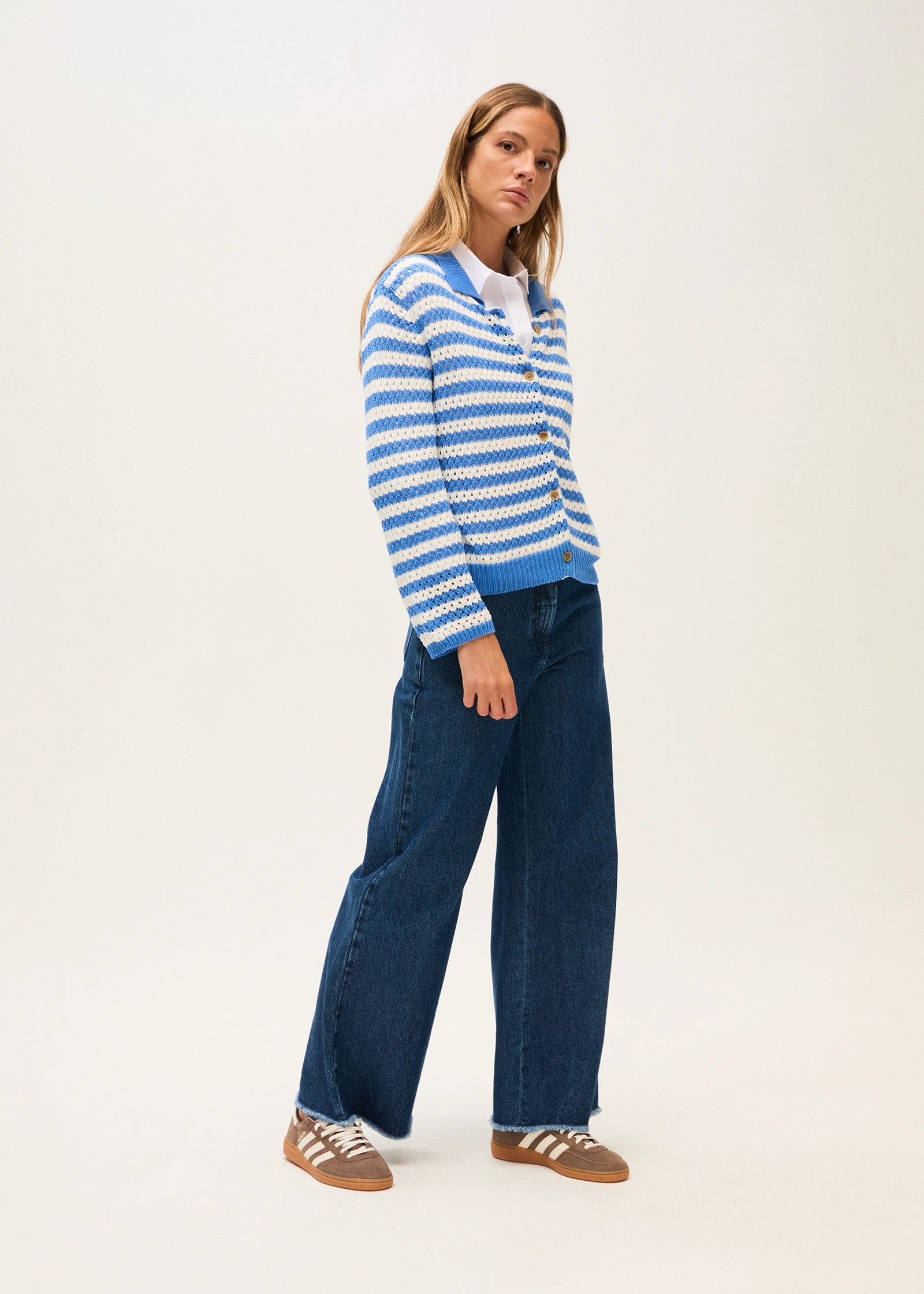 Rosso 35 Cornflower Blue Striped Cotton Cardigan with Collar