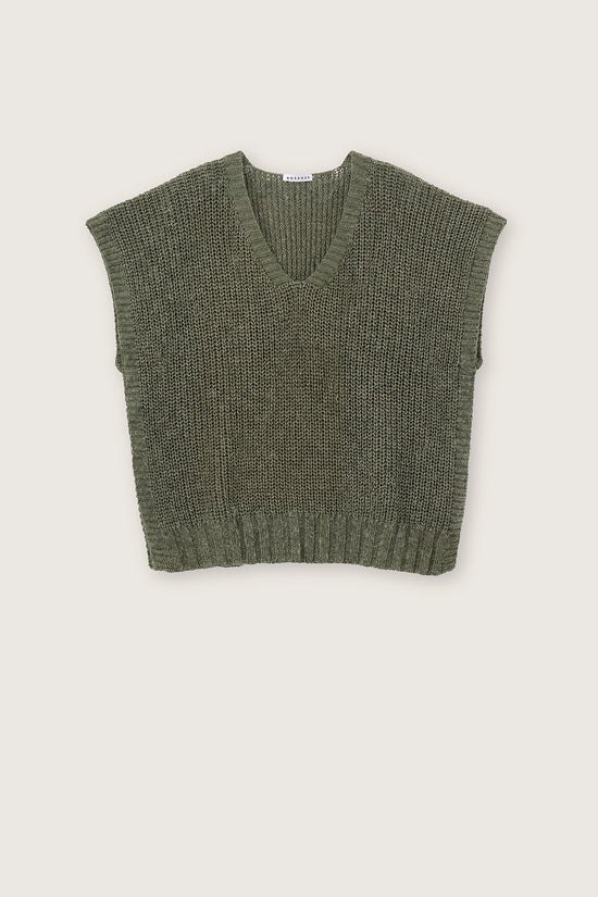 Rosso 35 Dark Green Short-Sleeved Cotton Linen V Neck Sweater