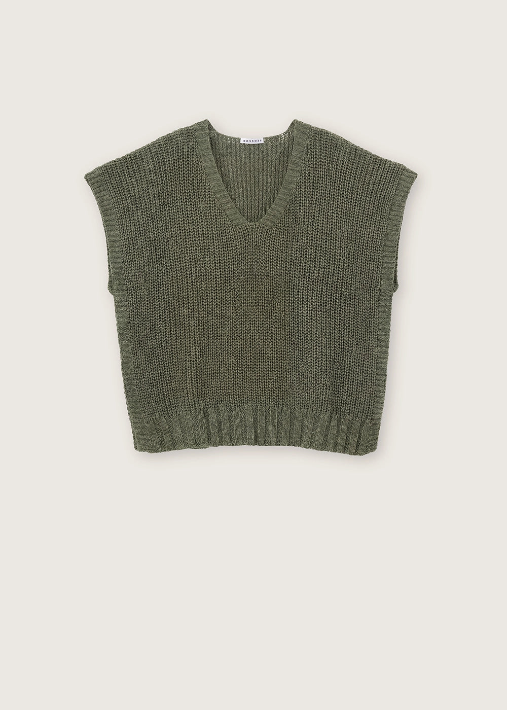 Rosso 35 Dark Green Short-Sleeved Cotton Linen V Neck Sweater