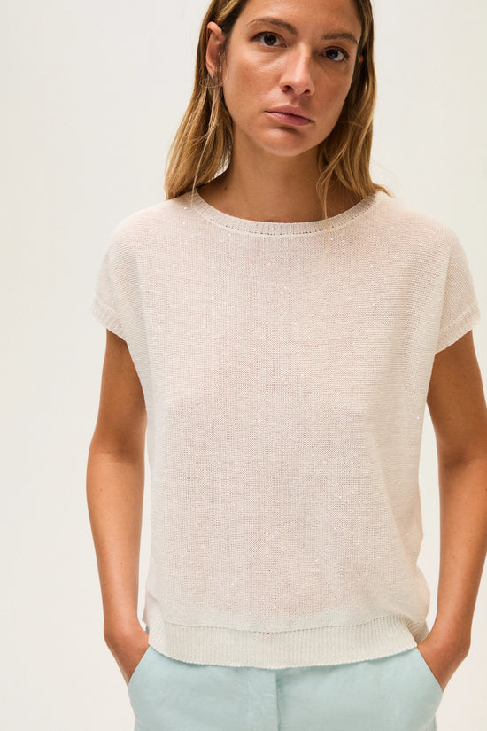 Rosso 35 White Cotton Linen Sweater with Sequins 