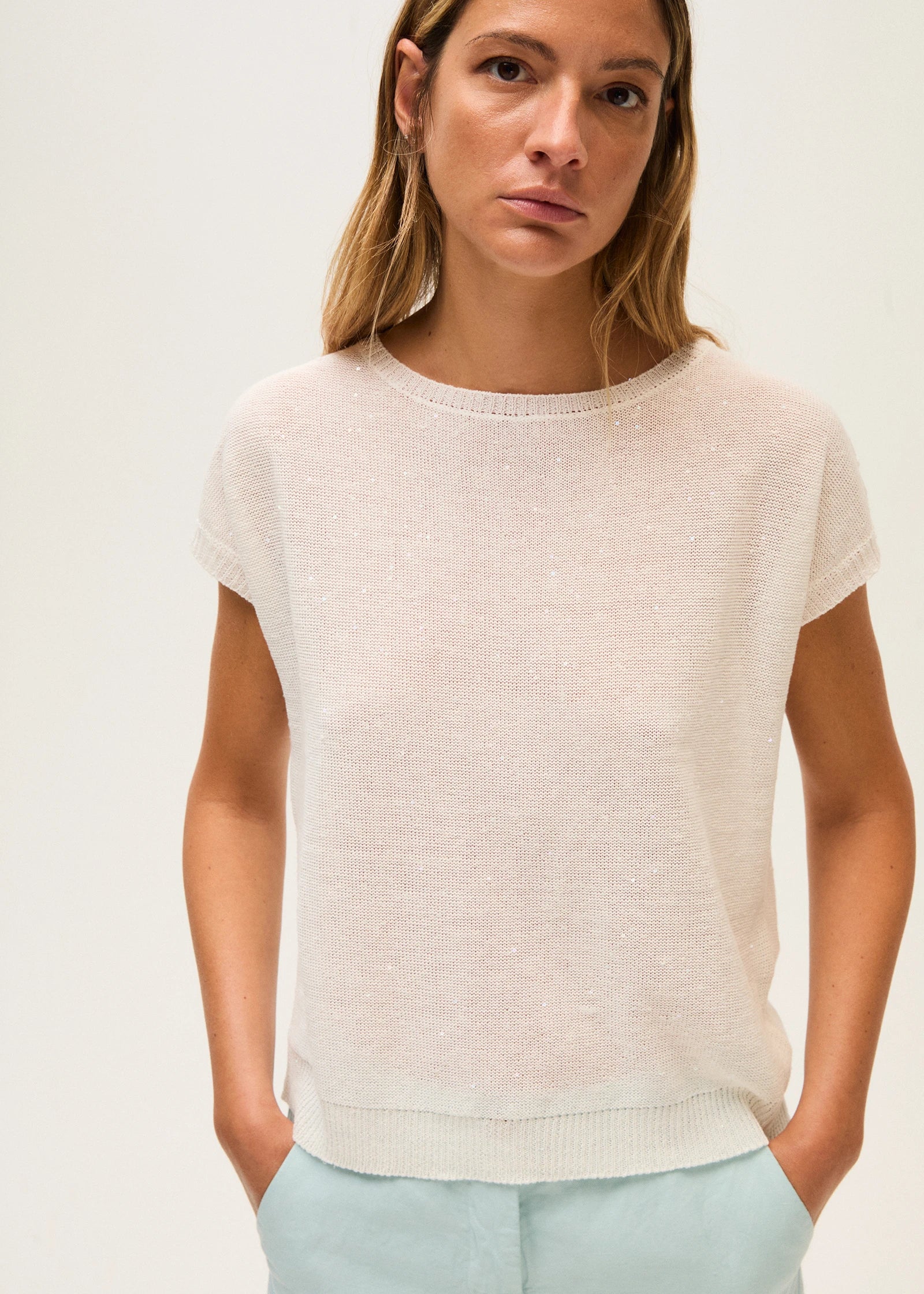 Rosso 35 White Cotton Linen Sweater with Sequins 