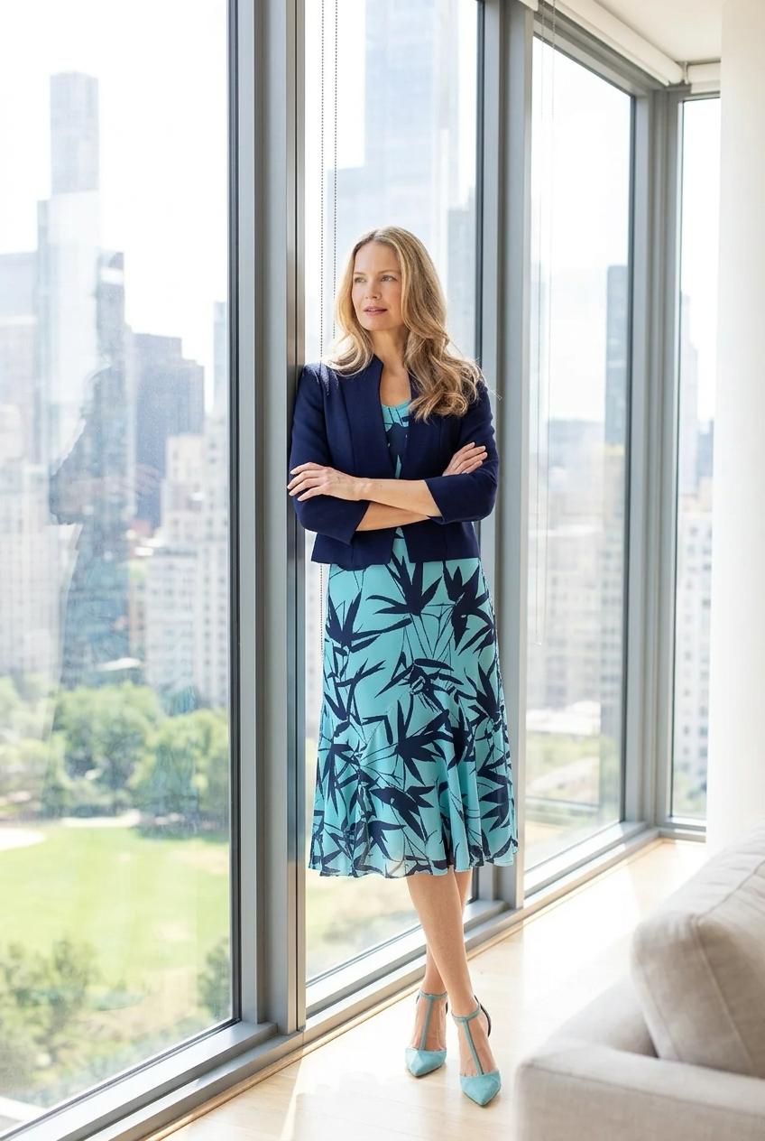 Glitz Turquoise & Navy Print Dress and Jacket Set