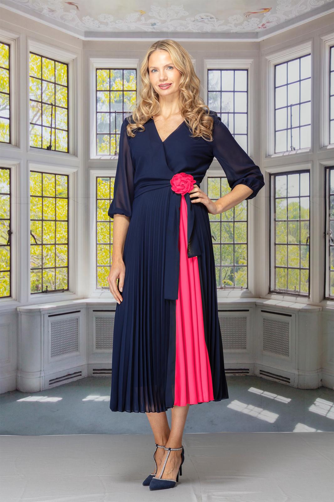 Glitz Navy & Fuchsia Midi Dress with Detachable Rose Brooch