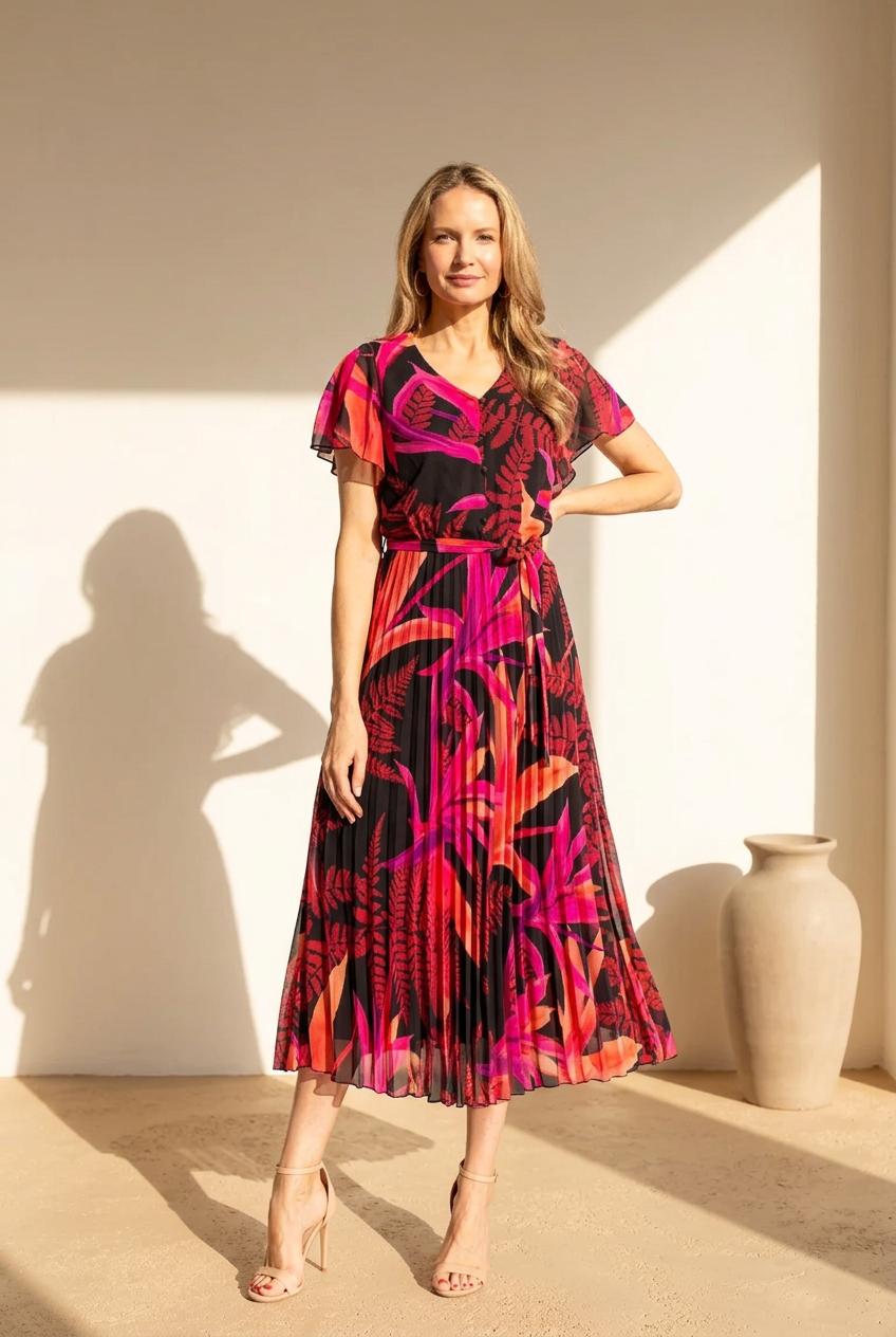 Glitz Fuchsia Floral Print Midi Dress – Pleated Skirt, Butterfly Sleeves & Tie Belt