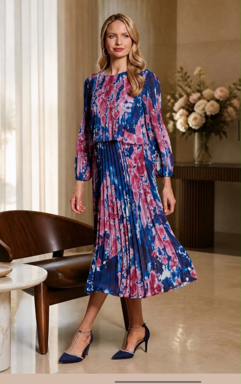 Glitz Pink Blue Pleated Midi Dress – Long Sleeve Occasion Dress