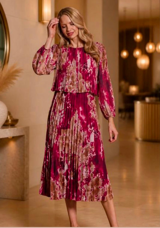 Glitz Raspberry Pleated Midi Dress – Long Sleeve Occasion Dress
