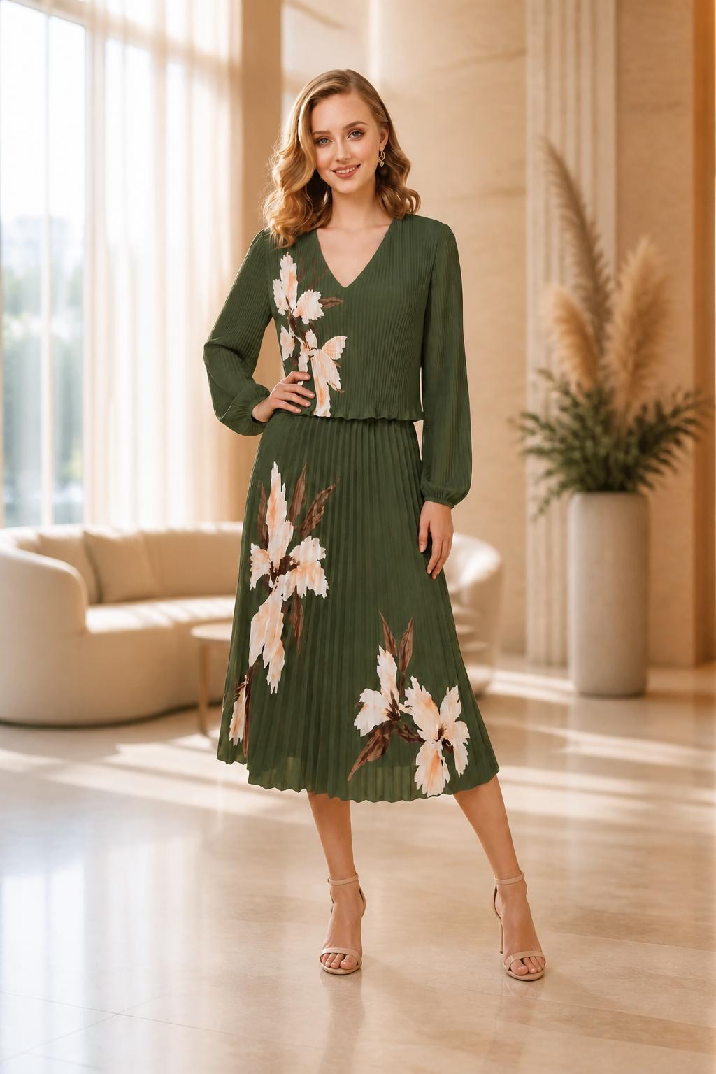 Glitz Olive Pleated Midi Dress – Long Sleeve Occasion Dress