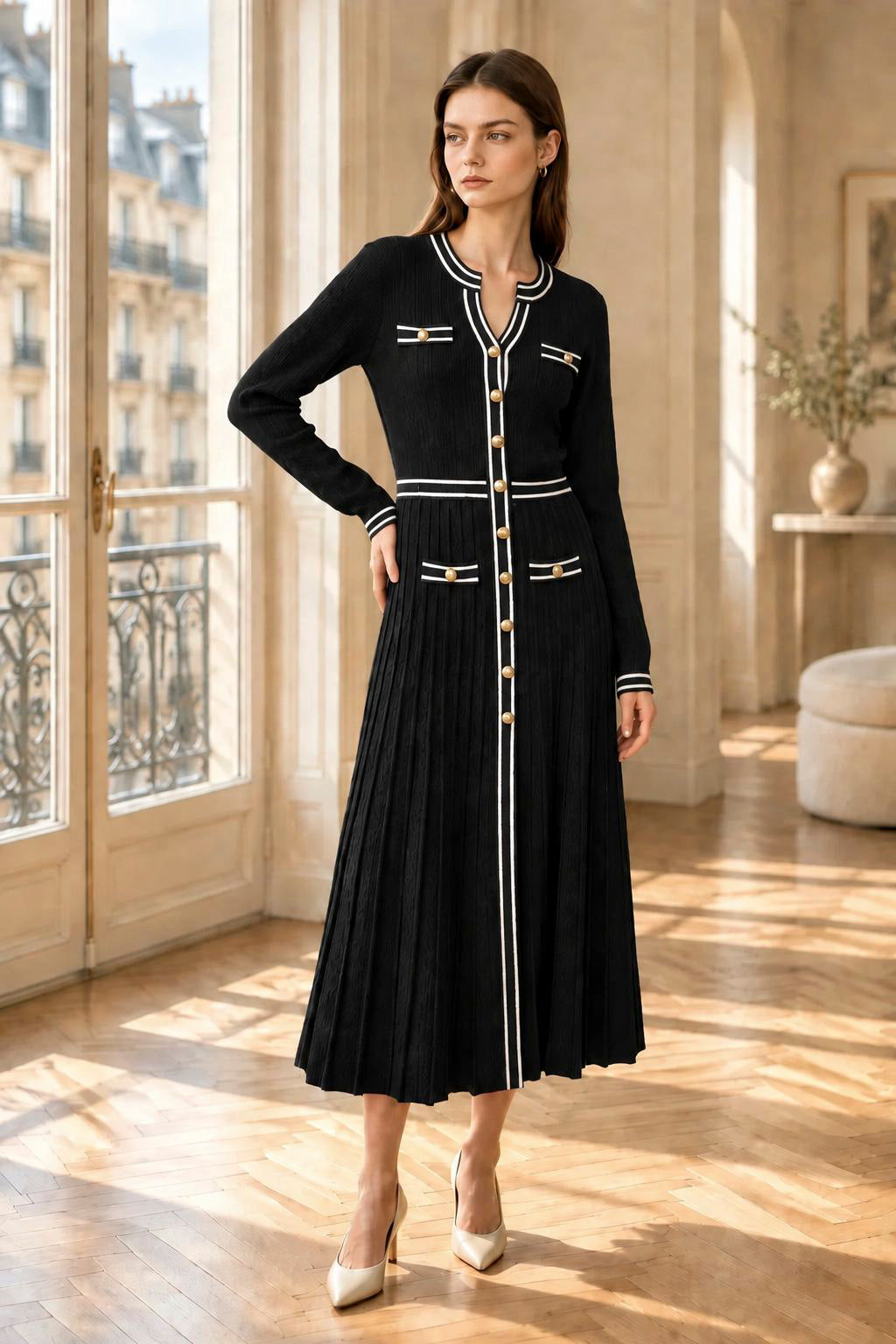 Glitz Black Ribbed Knit & Pleated Midi Dress with Gold Buttons