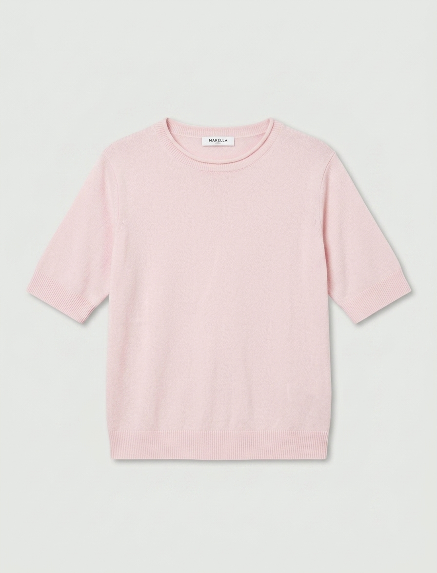 Marella Pink Cashmere Roll Neck Short Sleeve Sweater with Ribbed Trims