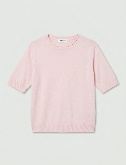 Marella Pink Cashmere Roll Neck Short Sleeve Sweater with Ribbed Trims