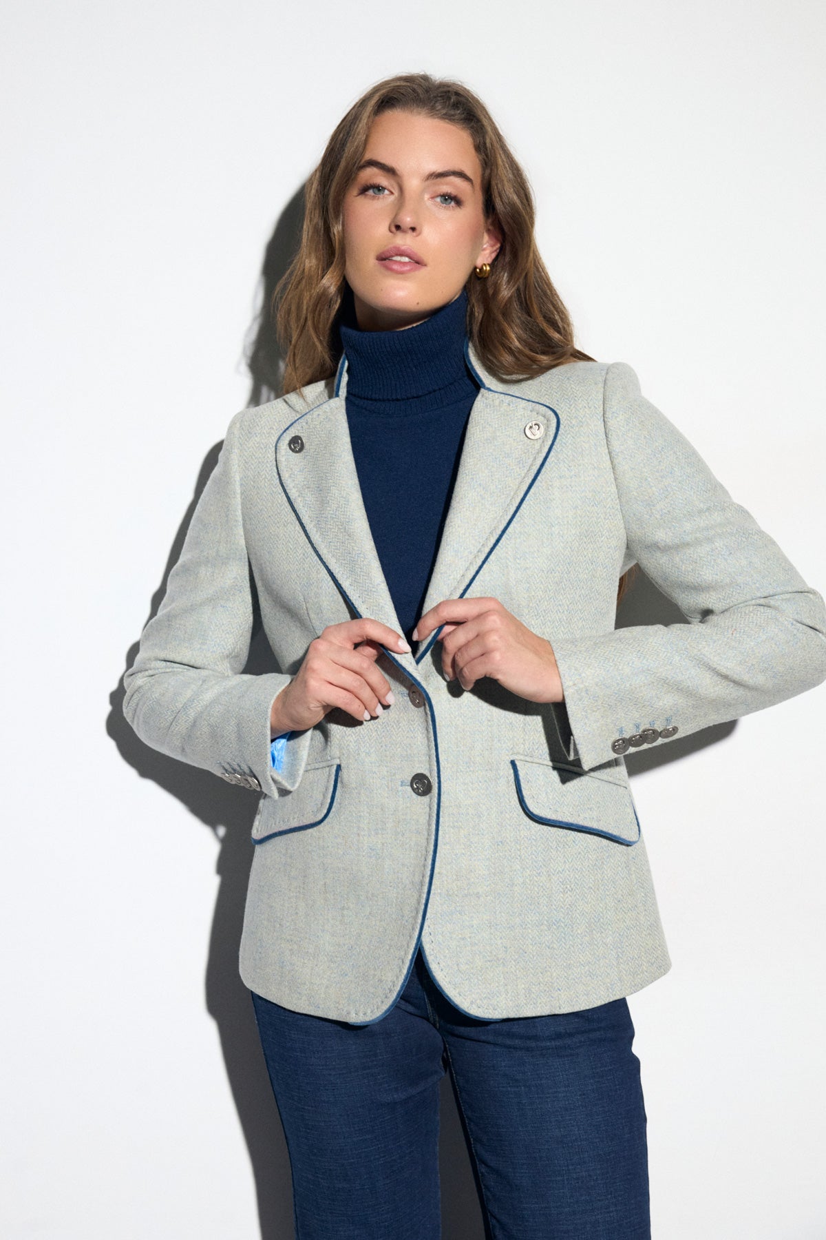 Tinta & Bariloche Blue Wool Herringbone Jacket with Piping Detailing