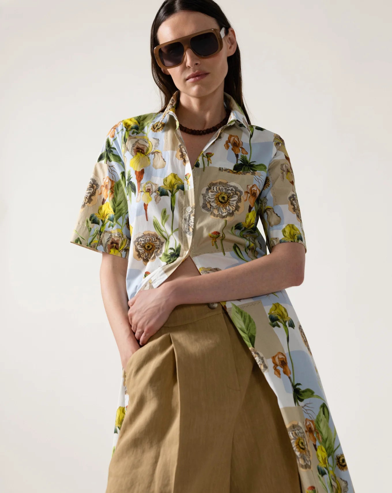 Caliban Beige Floral Print Short Sleeve Shirt Dress
