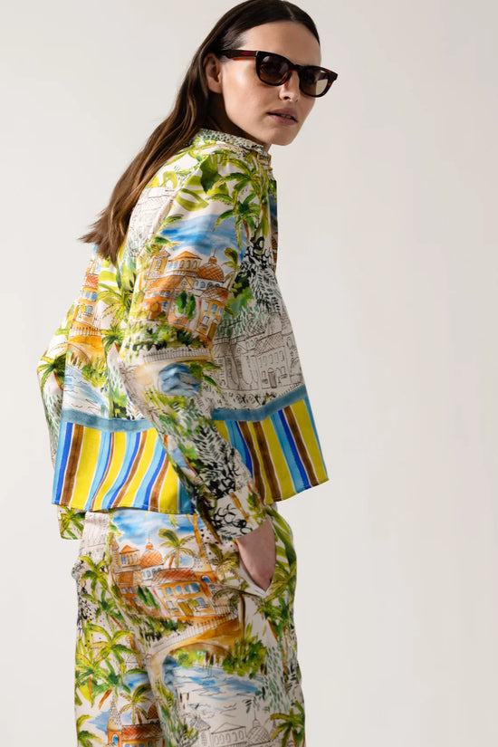 Caliban Scenery Print Boxy Silk Shirt