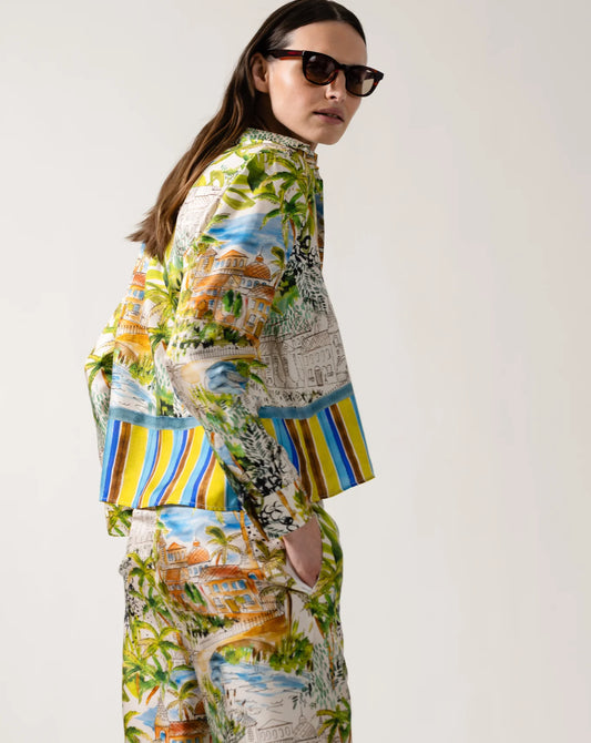Caliban Scenery Print Boxy Silk Shirt