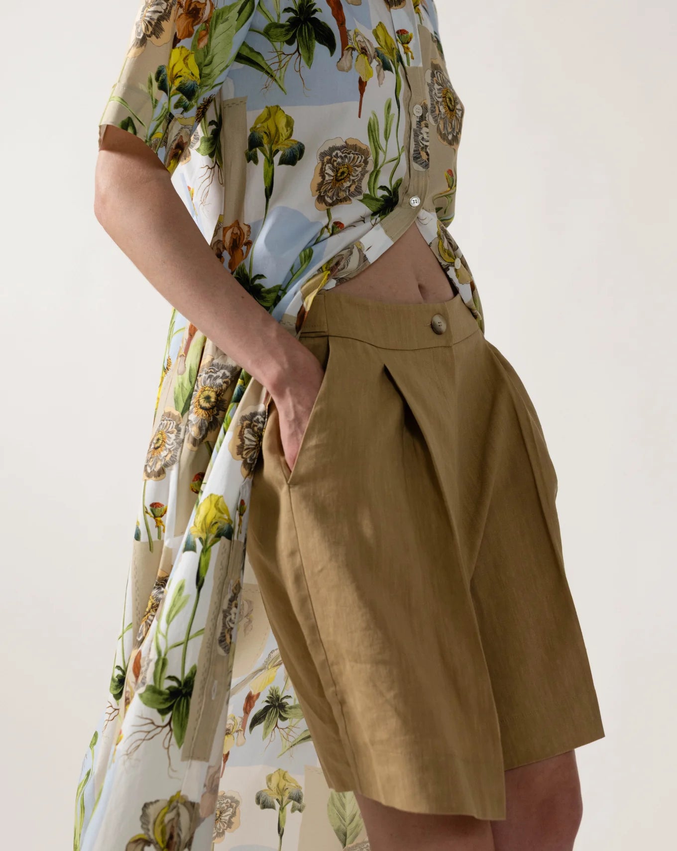 Caliban Beige Floral Print Short Sleeve Shirt Dress
