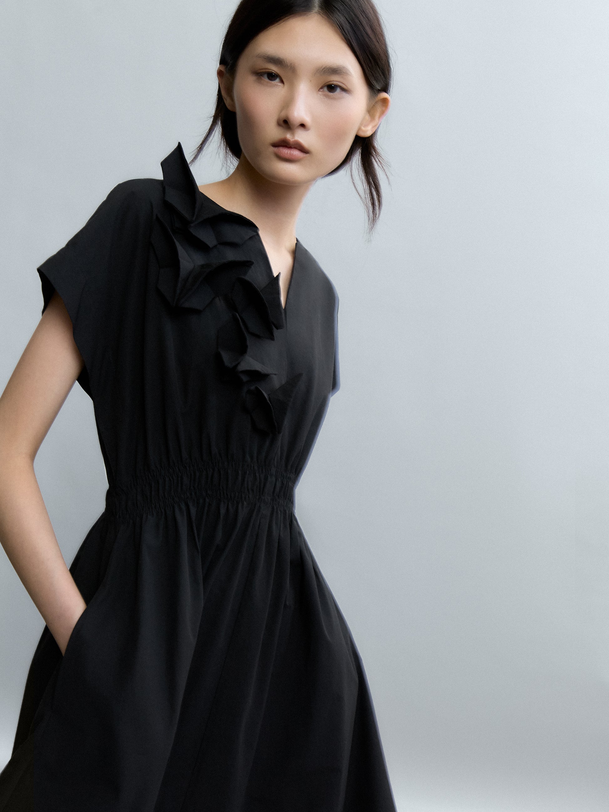 Psophia Black Cotton Midi Dress with Open V-Neck, Shirred Waist, Sculpted Detail on Bodice