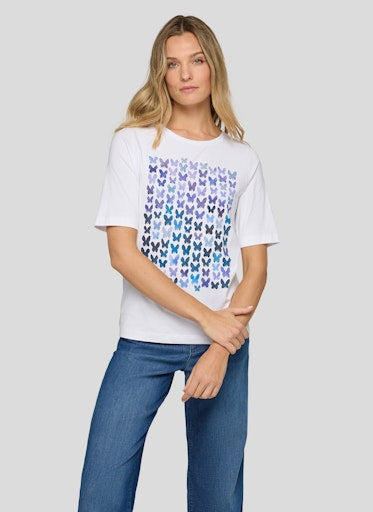 Rabe White Soft Cotton Stretch Crew Neck Short Sleeve T-Shirt with Butterfly Print – 56-114310