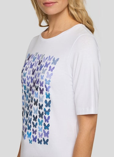 Rabe White Soft Cotton Stretch Crew Neck Short Sleeve T-Shirt with Butterfly Print – 56-114310