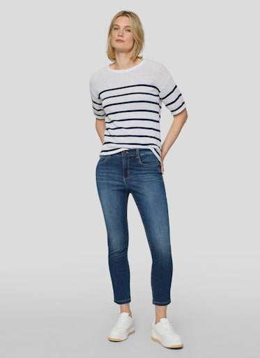 Rabe White Lurex Knit Stripe Short Sleeve Sweater