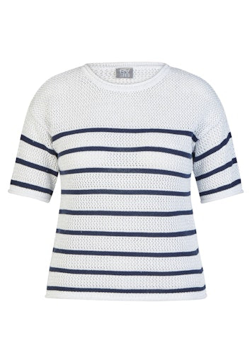 Rabe White Lurex Knit Stripe Short Sleeve Sweater